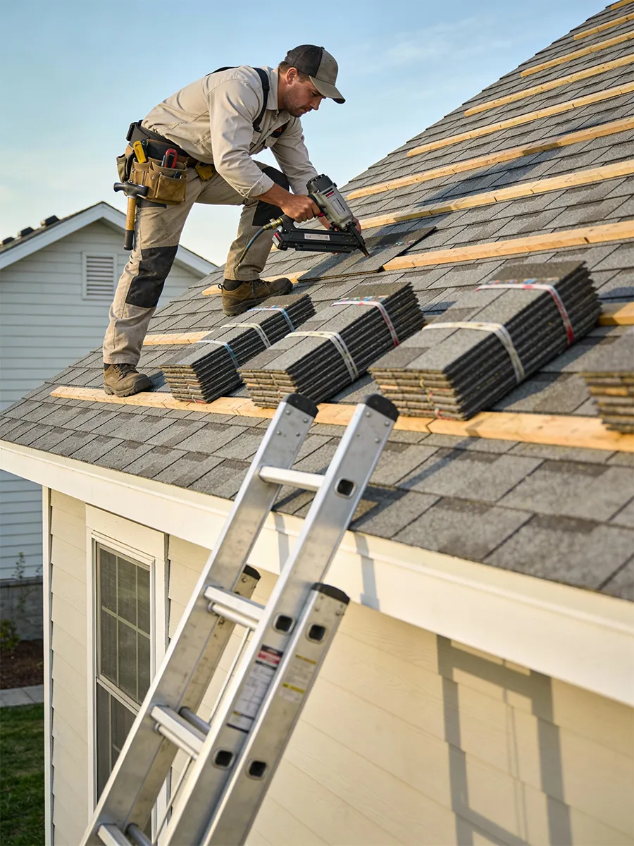 A tradesman working against a clear sky