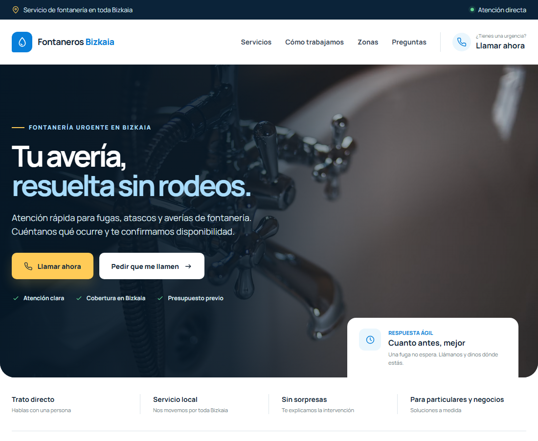 Home page of Fontaneros Bizkaia, a plumbing company site