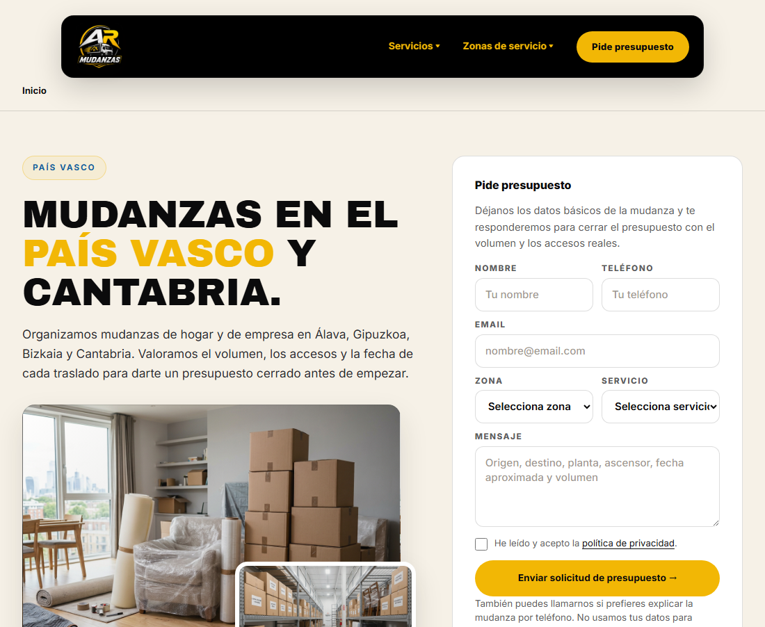 Home page of AR Mudanzas, a moving company site