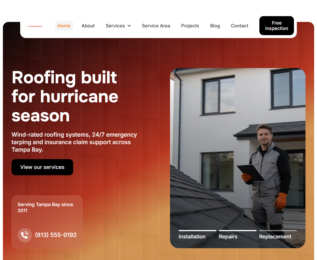 Home page of the Ironclad Roofing demo site, Tampa