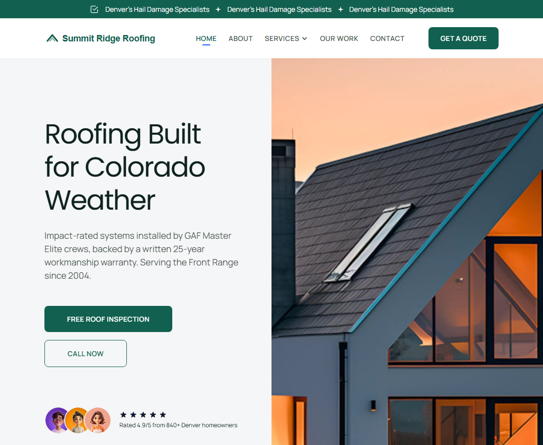 Home page of the Summit Ridge Roofing demo site, Denver